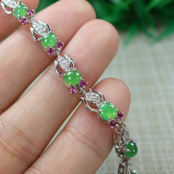 Certified Icy Green 100% Natural A jadeite Jade Bracelets S925 Silver 手链 - Picture 3 of 11
